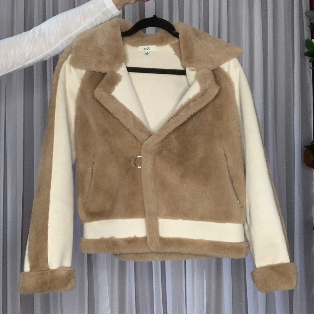 Colorblock Beige Faux Fur Jacket